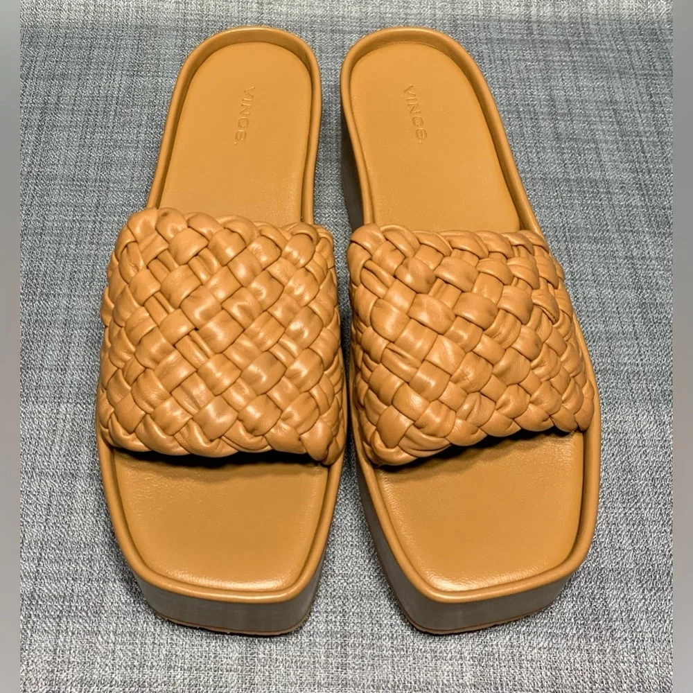 Vince Mari Slip On Platform Wedge Sandals Tan Leather Size 11 - Picture 3 of 8